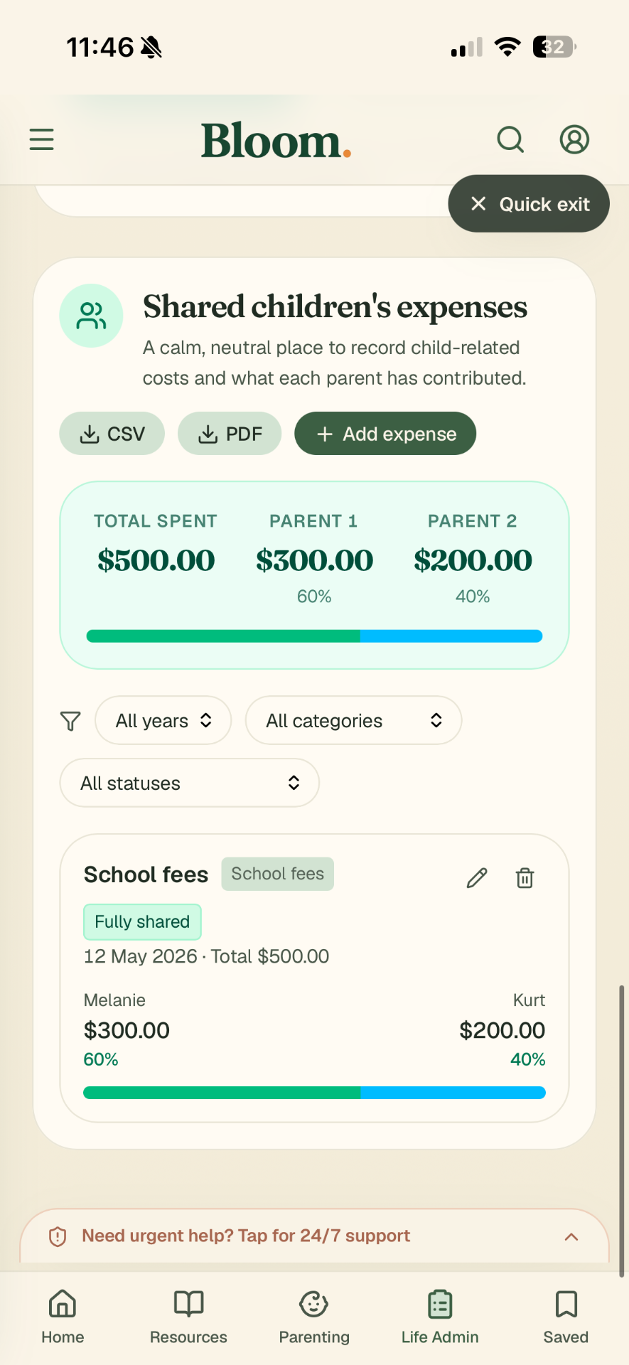 Bloom co-parenting app shared expenses screen for separated parents in Australia