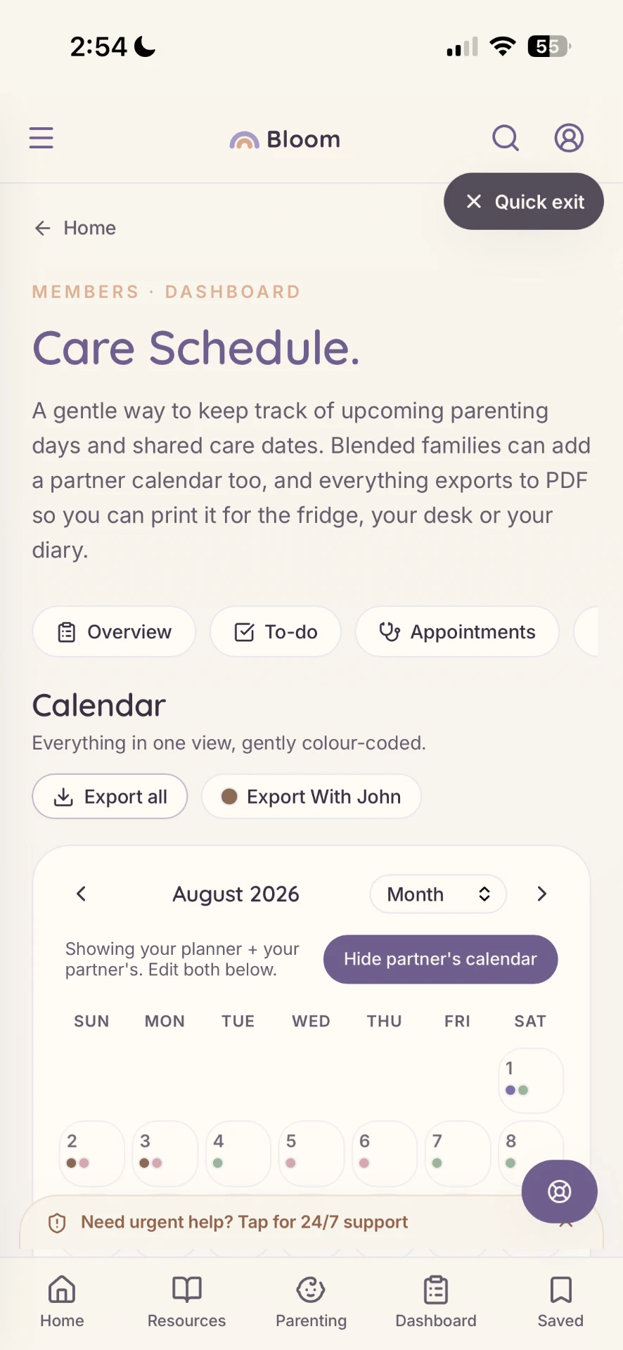 Bloom care schedule calendar showing parenting days and a partner calendar