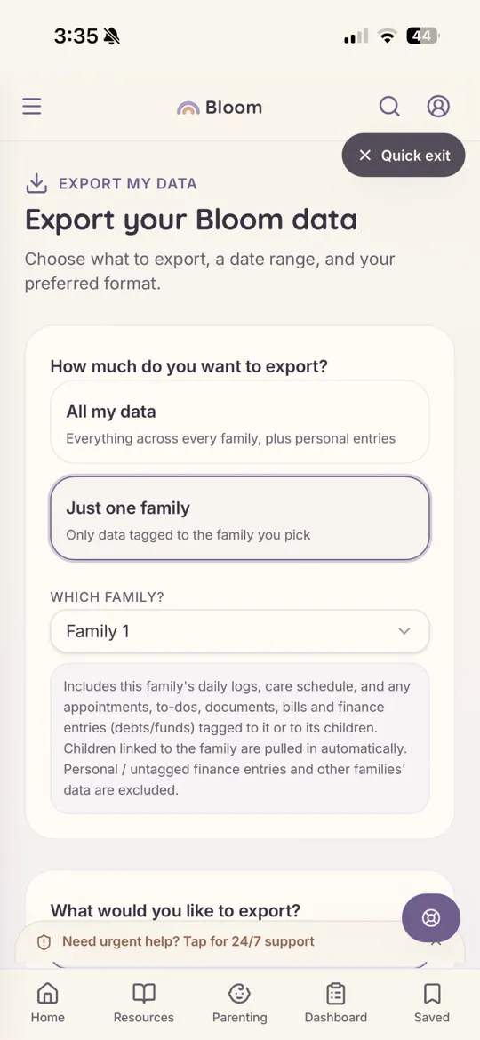 Bloom export screen for choosing how much of your data to export