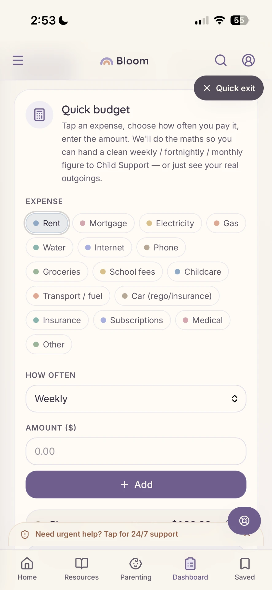Bloom quick budget screen for logging household expenses by frequency