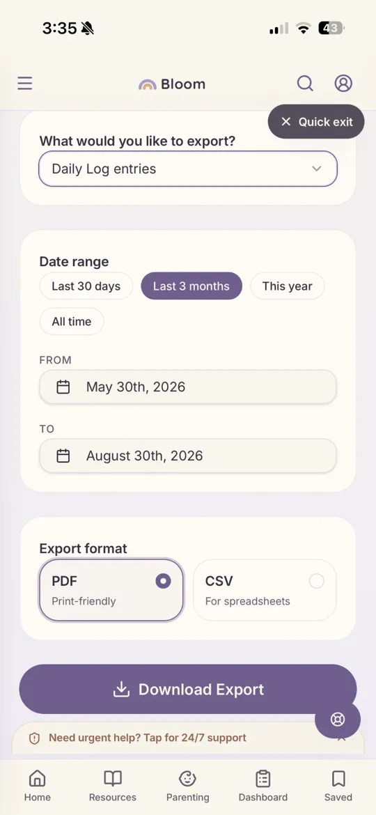 Bloom export screen showing date range and PDF or CSV format options