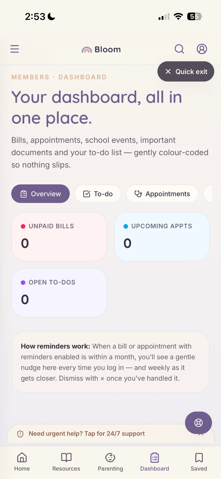 Bloom dashboard screen showing unpaid bills, upcoming appointments and open to-dos